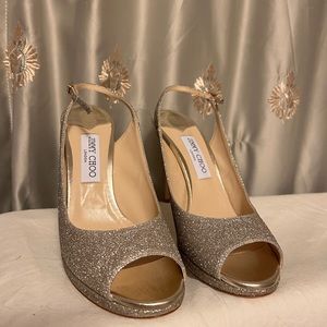 Jimmy Choos PLATINUM ICE DUSTY GLITTER PLATFORM SLINGBACK
